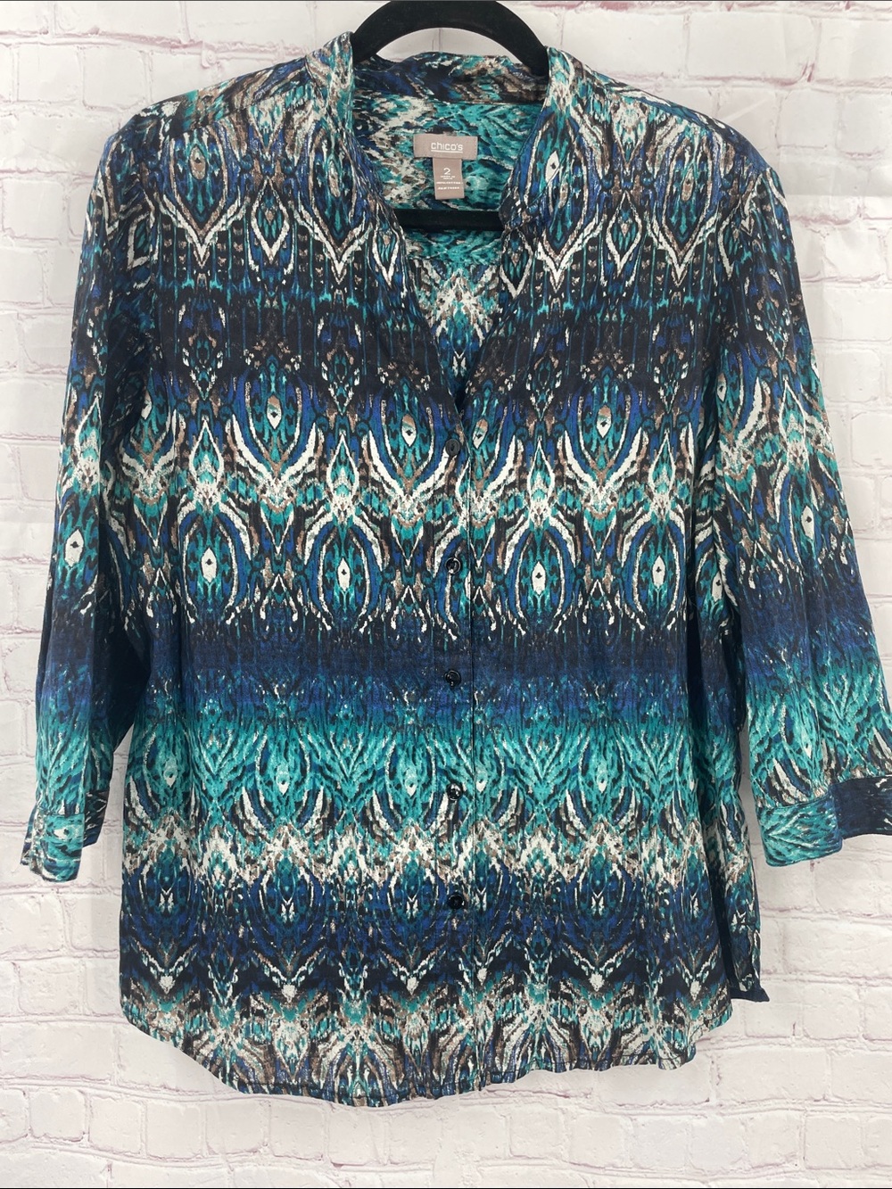 Chico's Teal and Blue Printed Button-Down Shirt Large Size 12 Cotton